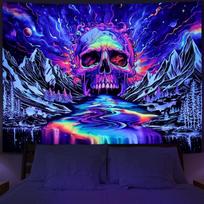Blacklight Reactive Skull Tapestry Trippy Mountain River Galaxy Wall Hanging for Bedroom Aesthetic Room Decor 100X70CM