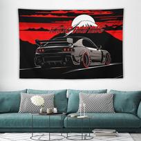 Tokyo Drifting Car Tapestry, Red Black Fuji Mountain & Sports Car Print Wall Hanging,for Bedroom Gaming Room Garage Decor 100X70CM
