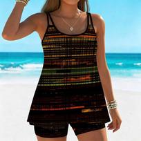Women's Swimwear Tankini 2 Piece Swimsuit Line Vortex Pattern Vacation Bathing Suits XS juoda