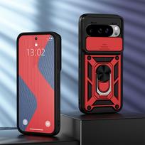 KEYSION Shockproof Armor Case for Google Pixel 9 Pro XL Slide Camera Lens Protection Ring Stand Phone Cover for Google Pixel 8A for Pixel 8A raudona