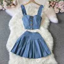 Women's Chic Hong Kong Style Retro Suit Short Camisole Vest Mini Denim Skirt Suit S šviesiai mėlyna spalva