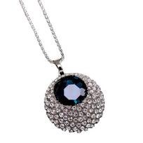 Chain Necklace Rhinestone Inlaid Vintage Long Round Pendant Necklace for Women mėlyna