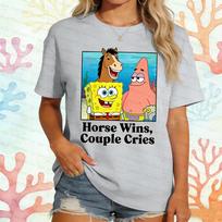 Funny SpongeBob Patrick Horse Wins Couple Cries Meme Tshirt For Women YK2 tshirts Oversized Cotton Casual Tee Available S