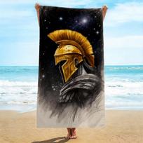 Starry Sky Spartan Beach Towel, Golden Helmet Warrior on Galaxy Background Print Bath Towel, Bold Mythic Beach Blanket 1pcs W30*H60(CM) black