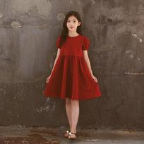 Korean Style Big Kids Girls Short Sleeve Back Bowknot Mid Length Casual Dress 120cm raudona