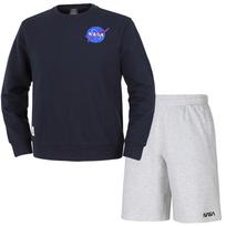 Nasa Unisex Loose Fit Sweatshirt With Wappen + Knee-Length Cotton Shorts Set [Navy + Melange White] 95