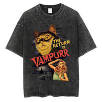 Hip Hop 2024 Retro Washed Black T-Shirt Streetwear Cat Print Graphic T Shirt 100% Cotton Unisex Tshirt Men Tops Tees Y2K S įvairiaspalvis