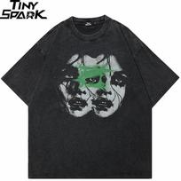 Hip Hop  Retro Washed Black TShirt Streetwear Vintage Graphic Double Faces T Shirt Cotton Unisex Tshirt Men Tops Tees Dope S įvairiaspalvis