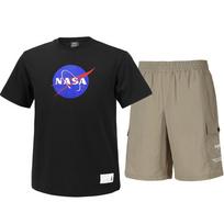 Nasa Unisex Cotton Blend Training T-Shirt + Woven Knee-Length Shorts Set [Black + Beige] 95
