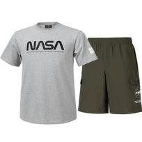 Nasa Unisex Cotton Blend Training T-Shirt + Woven Knee-Length Shorts Set [Light Melange + Dark Khaki] 100
