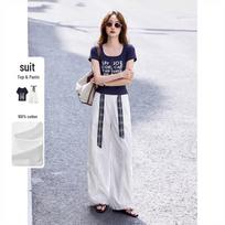 Letter Print T-shirt & Wide-leg Pants Two-piece Set M tamsiai mėlyna spalva