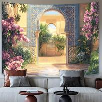 Elegant Moroccan Courtyard Tapestry - Lush Garden Scene with Vibrant Flowers & Intricate Archways, Polyester Wall Hanging for 100X70CM