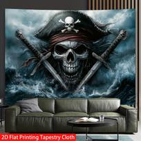 Halloween Giant Wave Pirate Captain Skull Double Knife Tapestry Retro Navigation Storm Skull Wall Cloth Party Decoration 100X70CM