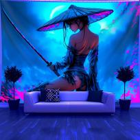 Cyberpunk Samurai Girl Tapestry, Neon Katana Warrior Wall Hanging, Japanese Aesthetic Art, Futuristic Room Decor for Bedroom 100X70CM
