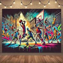 Streetball Grafiti gobelenas Miesto krepšinio žaidėjai Sienų dailė Hip Hop Sporto dekoras Spalvingas purškiamų dažų stilius Sienai kabinti berniukams 100X70CM