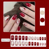24pcs Red Floral Press on Nails Shiny Glossy Red False Nails, Sparkling Leaf Pattern Short Square Nail Art Red Press-On Nails
