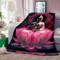 Buddha Lotus Flannel Blanket Glowing Pink Sacred Buddha Art Soft Warm Living Room Couch Wrap Serene Relaxing Decor Certified Size: 75*100cm, Weight: 230 GSM