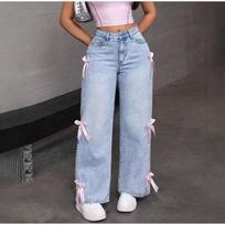 Women Casual Bowknot Decor Jeans Y2k Blue Baggy Denim Trousers Loose Straight Sweet Coquette Aesthetic Washed Solid Color Jeans 2025 Spring S šviesiai mėlyna spalva