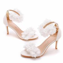 8 Cm Shallow Mouth One-length Strap High Heel Sandals White Flower Light Mouth Sandals Thin Heel Fish Mouth Wedding Bride Wedding Shoes 35