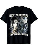 Men's Women's Hide Your Wife Alpha Coefficient Is Here Graphic T-Shirt Bold Lettering & Alpha Male Wolf Design Round Neck Tee S