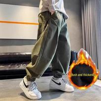 2025 New Boys' Fleece-Lined Sweatpants: Thickened Casual Sports Pants for Spring, Autumn, and Winter 130