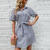 Summer Women's Design Short Shirt Striped Dress S pilka spalva