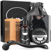 Vyrų barzdos priežiūros pilnas rinkinys: barzdos šukos, balzamas, dvipusės šukos su voleliu, barzdos augimo skystis 30ml one size juoda