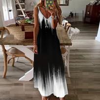 Women's Gradient Print Spaghetti Strap Maxi Dress Casual V Neck Sleeveless Long Beach Dress S juoda