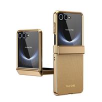 Skirta Samsung Galaxy Z Flip7 6 5 4 3 telefono dėklas, su grūdintu stiklu, galvanizuotu rėmeliu ir paprastu odos dizainu Galaxy Z Flip6