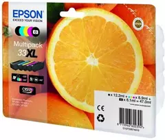 Epson Apelsinų daugiapakis 5 spalvų 33XL „Claria Premium“ rašalas, didelės (XL) išeigos, juoda, nuotraukų juoda, žydra, rausvai raudona, geltona, pigmentinis rašalas, dažų pagrindo rašalas, 12,2 ml, 8,9 ml