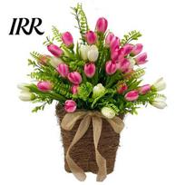 Pastoral Style Wreath Artificial Tulip Door Hanger Basket for Front Spring Summer Decoration Hanging Floral with Woven Wall Window Holiday Decor 1pc
