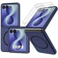 Dėklas Samsung Galaxy Z Flip 8, Kietas su magnetiniu žiedu - Tamsiai mėlynas - 2 grūdinti stiklai mėlyna