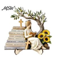 Wooden Girl Figurine for Bookshelf Reading Figurine, Stable Pastoral Style Statue Desktop Vintage Decor, Artistic Healing Ornament, Home Office A