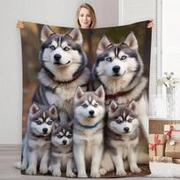 Cozy Husky Family Flannel Blanket – Soft & Warm Siberian Husky Puppies Bedroom or Sofa Decor All-Season Comfort Machine Washable Size: 75*100cm, Weight: 230 GSM
