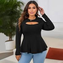 Plus Size Women Solid Color Round Neck Long Sleeve Slim Fit T Shirt Top 1XL juoda