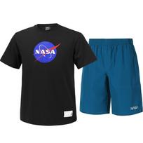 Nasa Unisex Cotton Blend Training Short Sleeve T-Shirt + Woven Knee-Length Shorts Set [Black + Green/Blue] 95