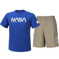 Nasa Unisex Cotton Blend Training T-Shirt + Woven Knee-Length Shorts Set [Blue + Beige] 95