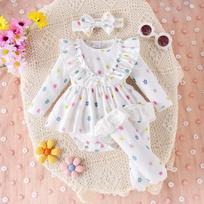 New-style Baby Girl Suit, Floral Long-sleeve Onesie for Infants and Toddlers, Lace-trimmed Socks and Hair Accessories 9-12m