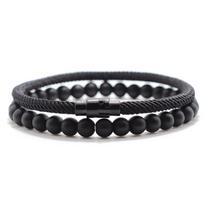 2 vnt. atitinkantis apyrankių rinkinys Unisex 6 mm onikso akmens apyrankė 4 mm laido grandinės apyrankė suporuota pora Brazalete Pulseira Joias 19.5cm(7.5inch) juoda