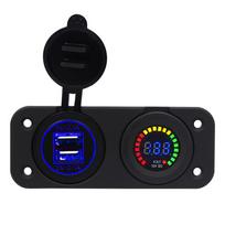 12V LED Duel Car 2 USB Port Charger with DC Voltmeter Digital Auto/Motorbike/Boat Cigarette Lighter Socket Splitter 10.5*4.3*5.5cm mėlyna