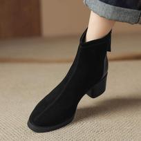 Krazing Pot Cow Suede Nubuck Winter Round Toe Med Heels Fashion Boots Women Zipper Retro Elegant Women Ankle Boots 34 juoda