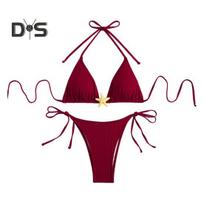 Women's Bikini Set Halter String Side Tie Two-Piece Swimsuit with Starfish Decor Sexy Triangle Bathing Suits for Beach Vacation Hot Spring Pool S raudona