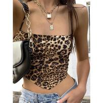 Leopard Pattern Women Tank Tops Backless Sexy Rave Outfits Sleeveless Cross Lace Up Bralette Crop Top Summer Streetwear One Size leopardas