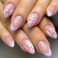 Medium and long almond glossy nail art spring and summer small fresh French daisy design wearing nail Free jelly glue + rubbing strips