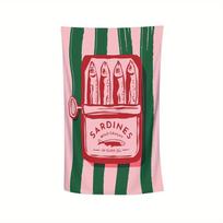 1pc Sardines Vintage Food Design Beach Towel, Coastal Maximalist Print with Pink Stripes, for Pool, Gym, Yoga, Spa W30*H60(CM)