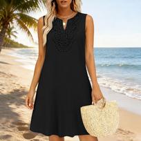 Women Sleeveless V Neck Midi Dress Cotton Linen Casual Beachwear Relaxed Fit Embroidered Summer Sundress for Vacation XL juoda