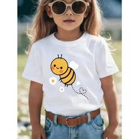 European sizes Cute Little Bumblebee Girls' T-shirt, Black and White Striped Cartoon Print with Heart-Shaped Polka Dots 110 balta