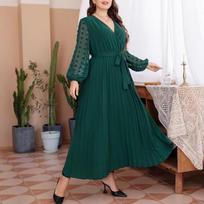 Plus Size V Neck Mesh Splicing Long Sleeve Long Elegant Dress For Women 0XL žalia
