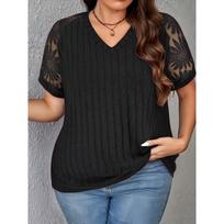 Plus Size Women V Neck Hollow Out Lace Patchwork Short Sleeve Pullover T Shirt Top 1XL juoda