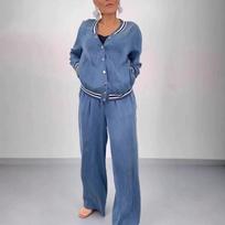 Women's Autumn/Winter Set Cardigan Casual Top Wide-Leg Pants and Patchwork Round-Neck Top XS mėlyna